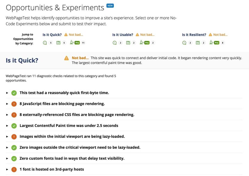 webpagetest opportunities and experiments