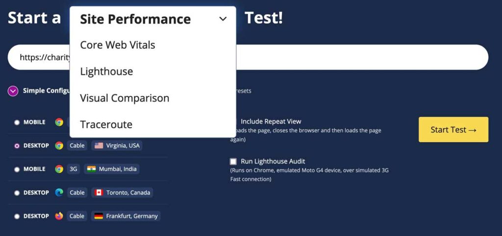 webpagetest site performance test
