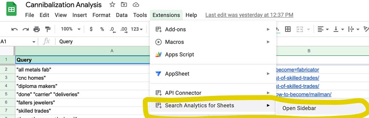 menu item for search analytics for sheets